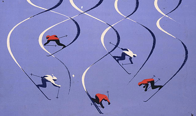Five skiers carve looping tracks across a lavender slope, seen from above.