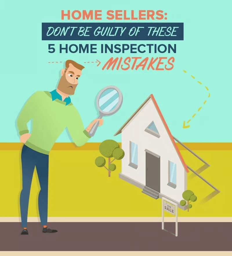 Illustration of a seller inspecting a house beneath a headline about five home inspection mistakes.