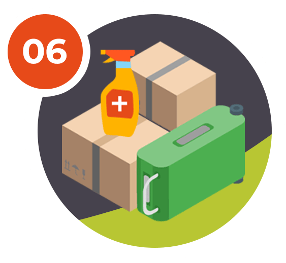 Moving boxes beside a disinfectant bottle and green jerry can, marked tip 06.