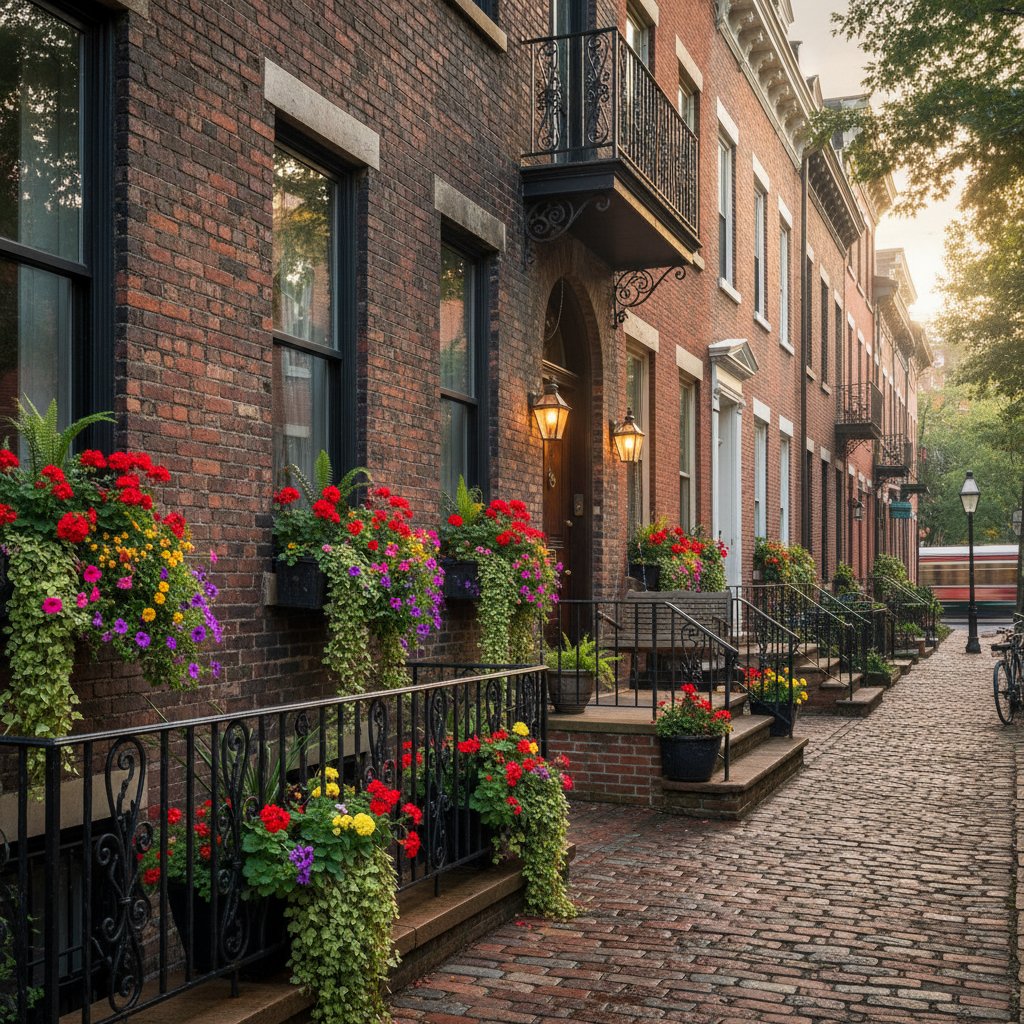 A charming, historic cobblestone street lined with brick townhouses, adorned with vibrant flower boxes under warm, soft light, evoking a picturesque European or old-town feel