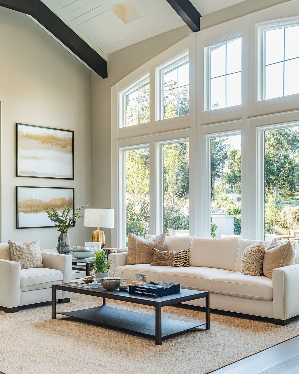 Living room with tall windows, a vaulted ceiling, dark beams, and neutral furnishings.