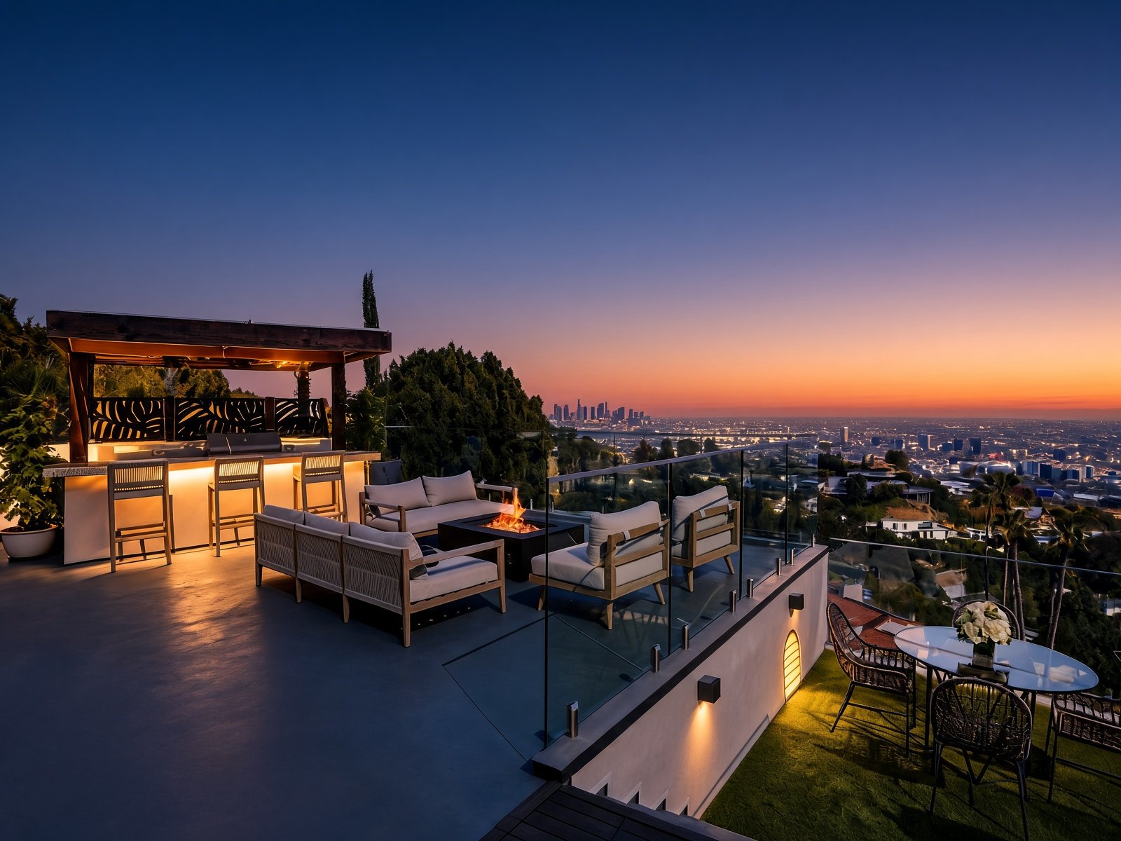 Rooftop lounge and bar at 9270 Kinglet Dr with views over Los Angeles