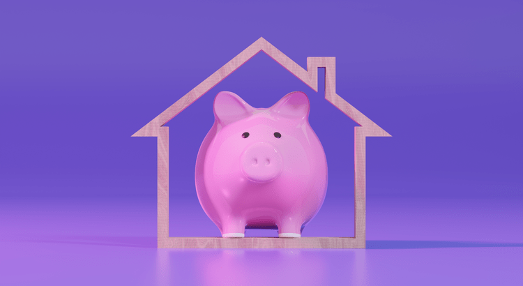 A pink piggy bank designed like a house, set against a vibrant purple background.