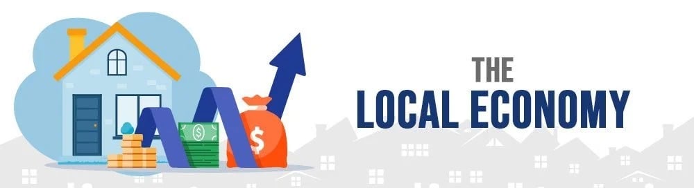 The local economy, illustrated with a house, money, and an upward arrow.