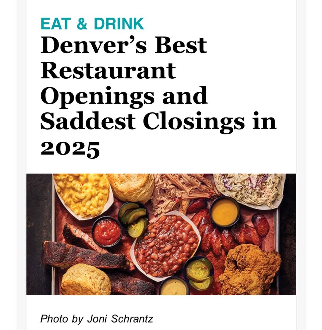 Denver restaurant collage featuring colorful plates, cozy dining interiors, and city skyline, highlighting the best new openings and notable closures of the year.