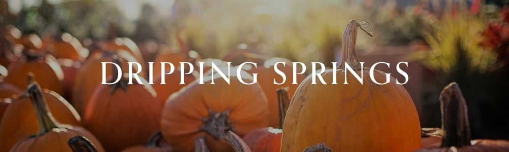 Pumpkins in a patch with “Dripping Springs” overlaid.