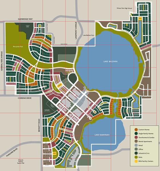 Baldwin Park neighborhood map showing Lake Baldwin, Lake Susannah, streets, parks, and color-coded land uses.
