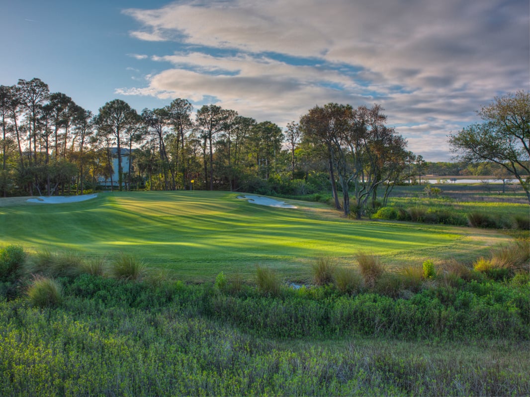 Golf course fairway with sand bunkers, tall trees, and marsh grass in warm evening light.