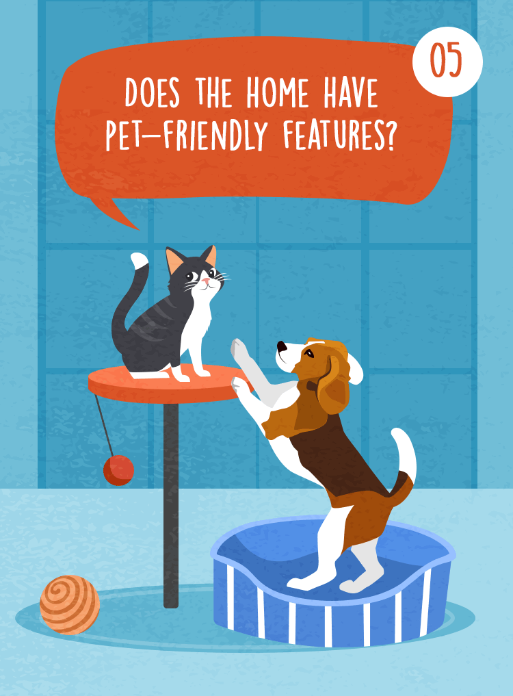Question 05 asks whether the home has pet-friendly features, beside an illustrated cat and dog.
