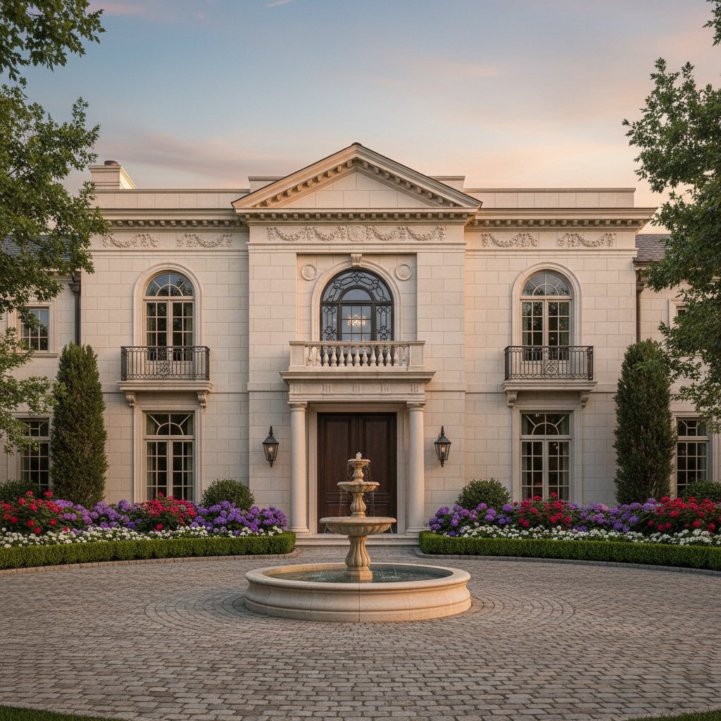 A grand, symmetrical cream-colored mansion with classical architecture, a circular driveway, and a central fountain, surrounded by lush, colorful landscaping under a soft twilight sky.