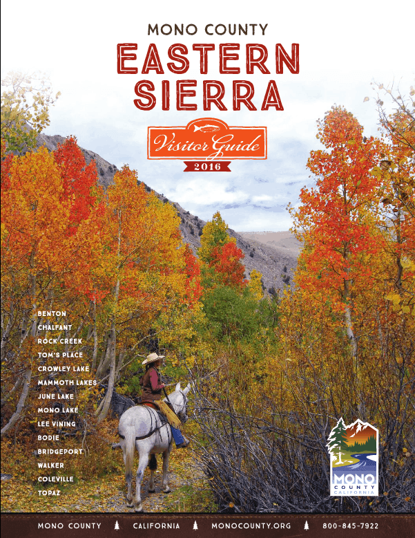 2016 Mono County Eastern Sierra Visitor Guide cover with a horseback rider among autumn foliage.