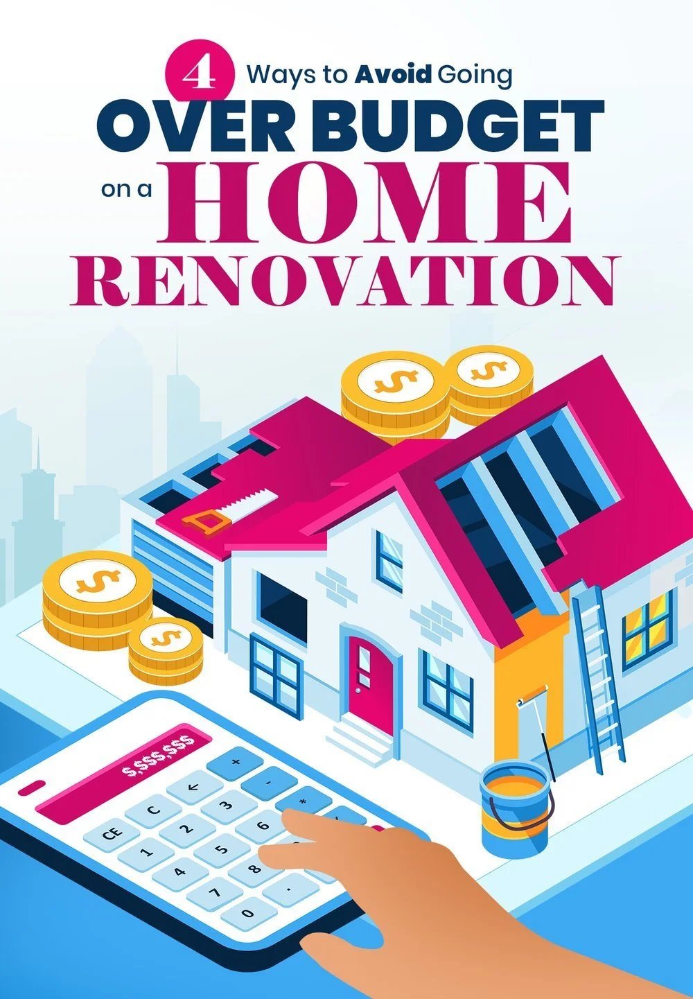 Illustration about avoiding home renovation budget overruns, with a house, coins, renovation tools, and calculator.