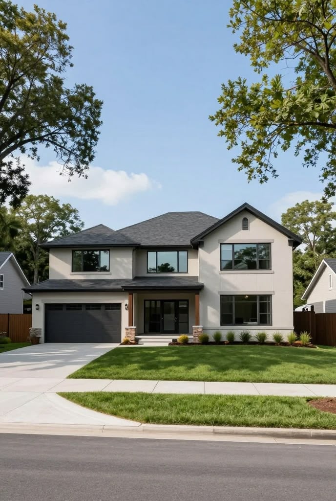 Two-story modern house with a dark roof, two-car garage, and landscaped front lawn.