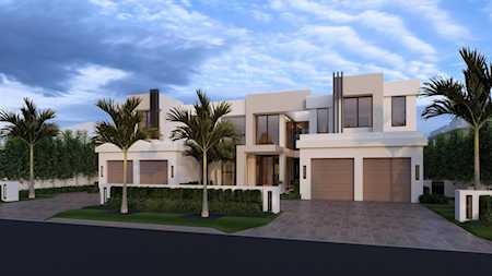 Modern two-story home with two garage doors and palm trees along the front.
