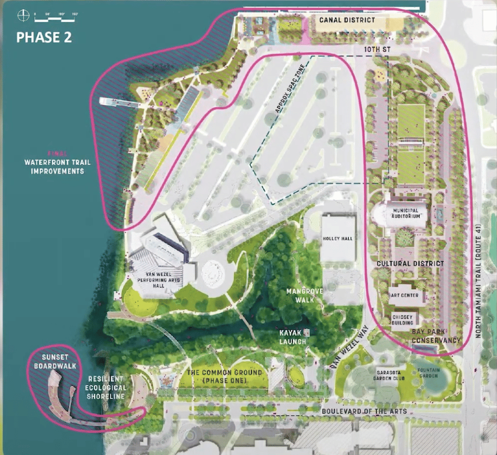 Map of The Bay Park Sarasota showing Phase 2 waterfront improvements, trails, cultural venues, and kayak launch.