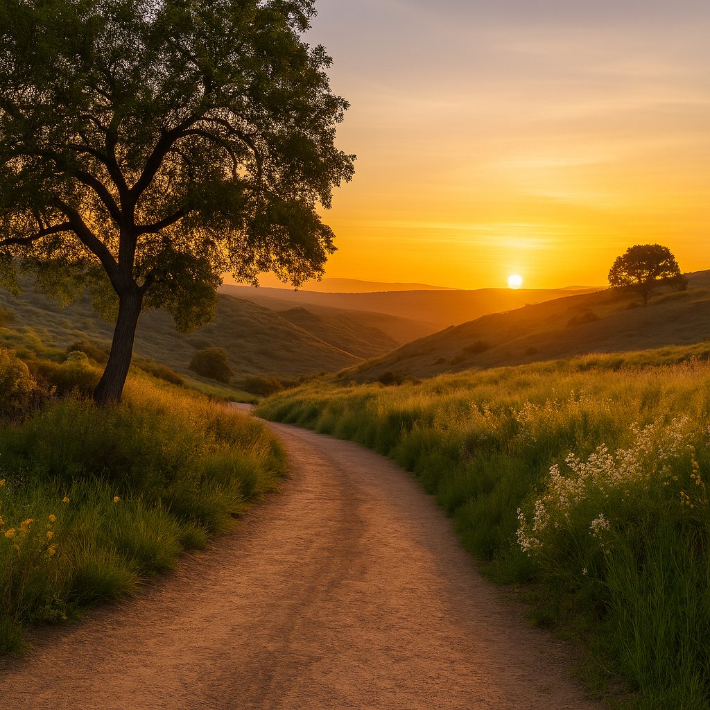 Sunset view of a winding dirt trail through the green hills of Aliso Viejo, California, with a large oak tree and golden light over the landscape.