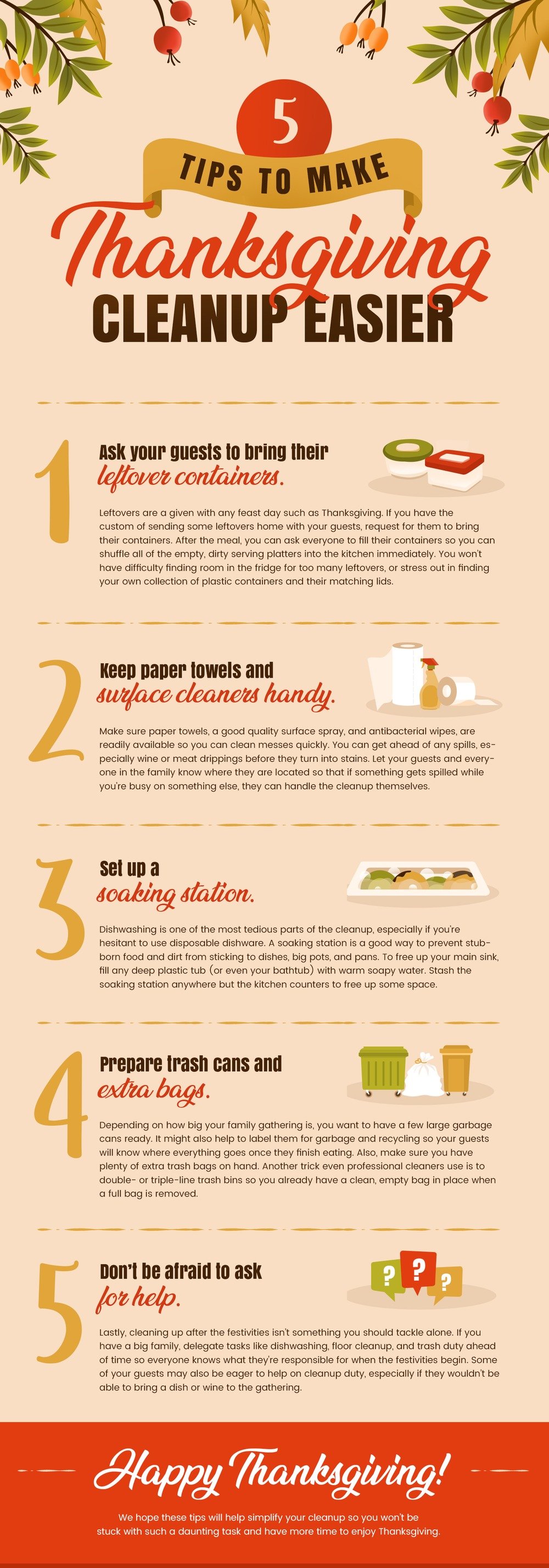 Thanksgiving cleanup infographic with five tips for first-time hosts, from leftover containers to asking guests for help.