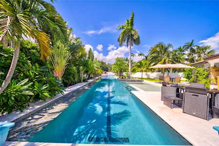 Backyard swimming pool lined with palm trees and a paved patio with outdoor furniture.