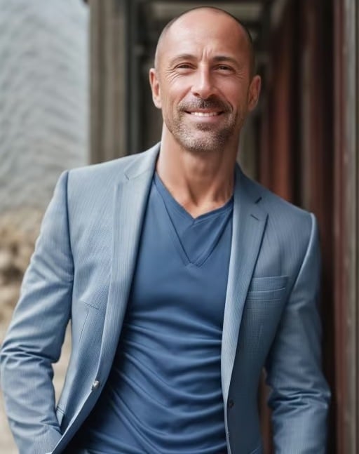 Smiling bald man in a light blue blazer standing outside a doorway