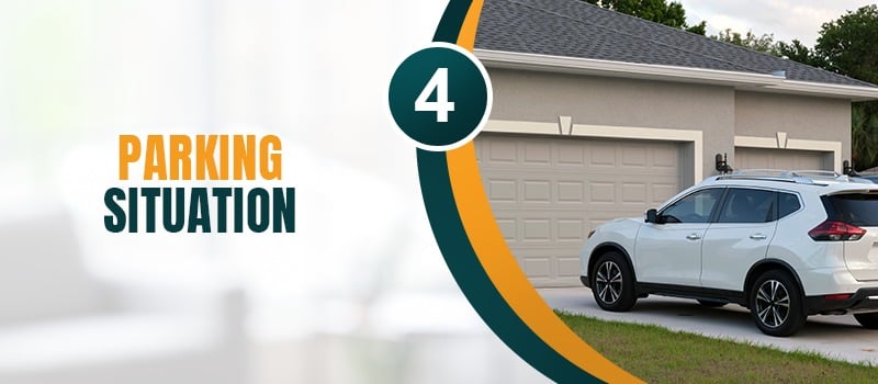 Parking situation: a white SUV parked in front of a two-car garage, labeled 4.