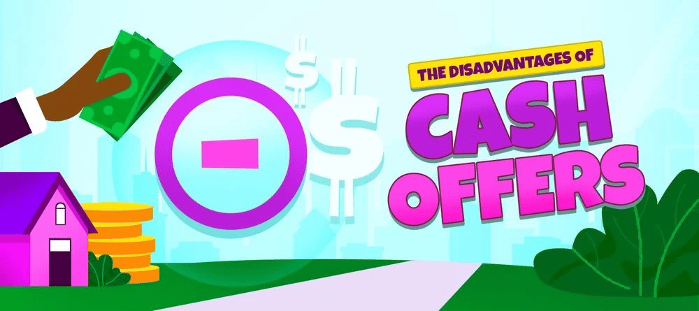 Illustrated banner about cash offer disadvantages, with cash, a house, coins, and a large minus sign.