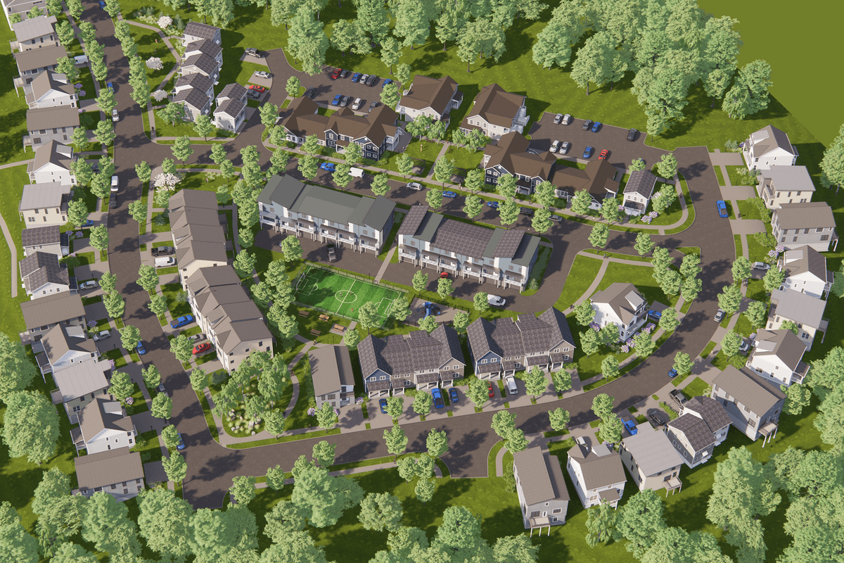 Aerial rendering of a tree-lined residential neighborhood with a central soccer field.