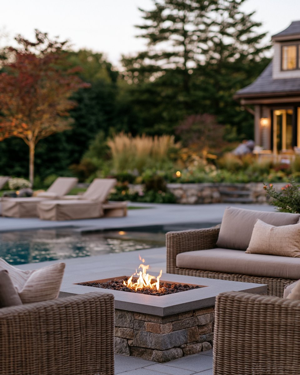 Backyard patio with a pool, wicker seating, and a lit stone fire pit.