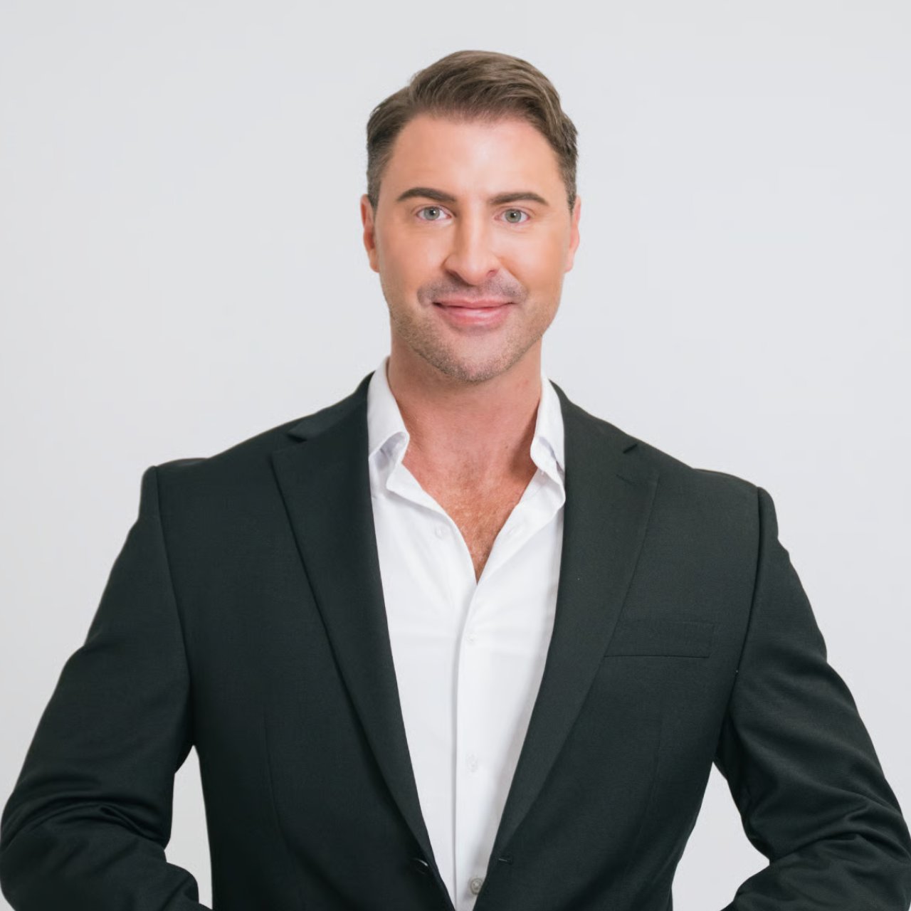 Trosset wearing a black suit jacket and white shirt.