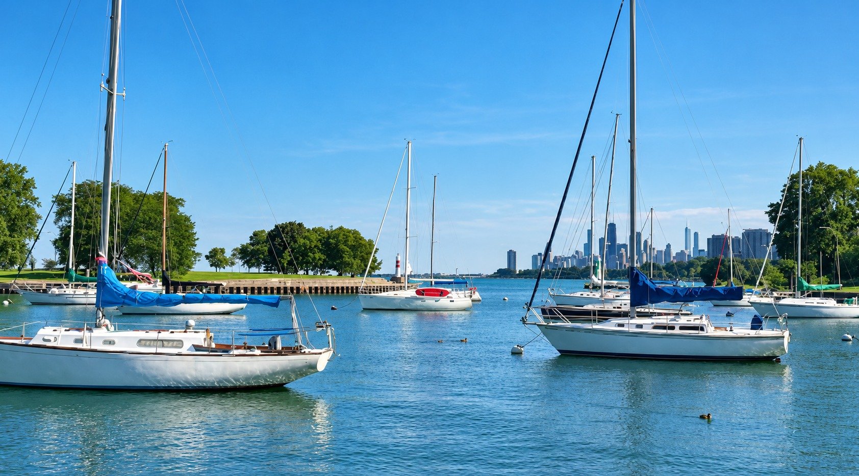 Sailboats in Montrose Harbor with the Chicago skyline, a short walk from Buena Park