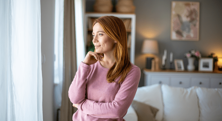 woman in a living room in a pink long sleeved shirt looking out the window
