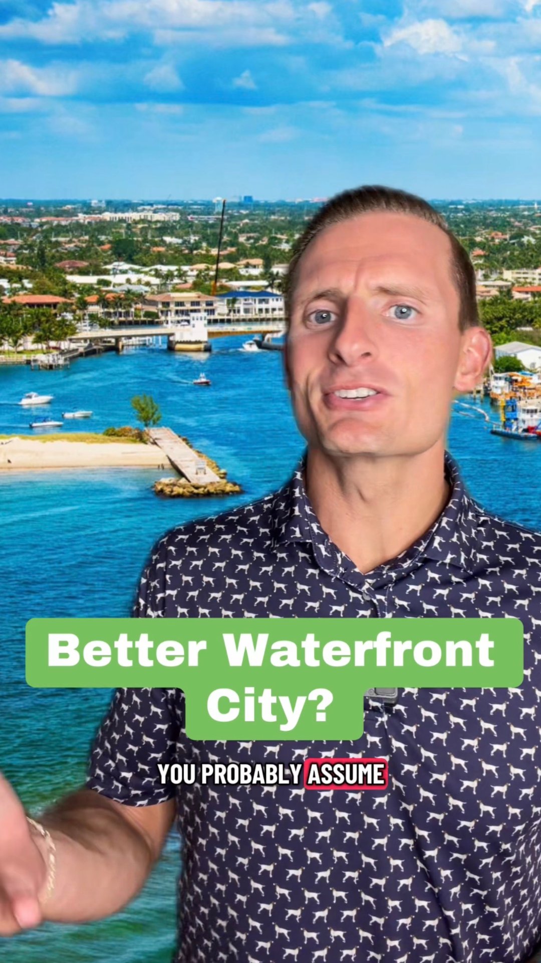 Man gestures in front of a waterfront canal; graphic asks, “Better Waterfront City?”