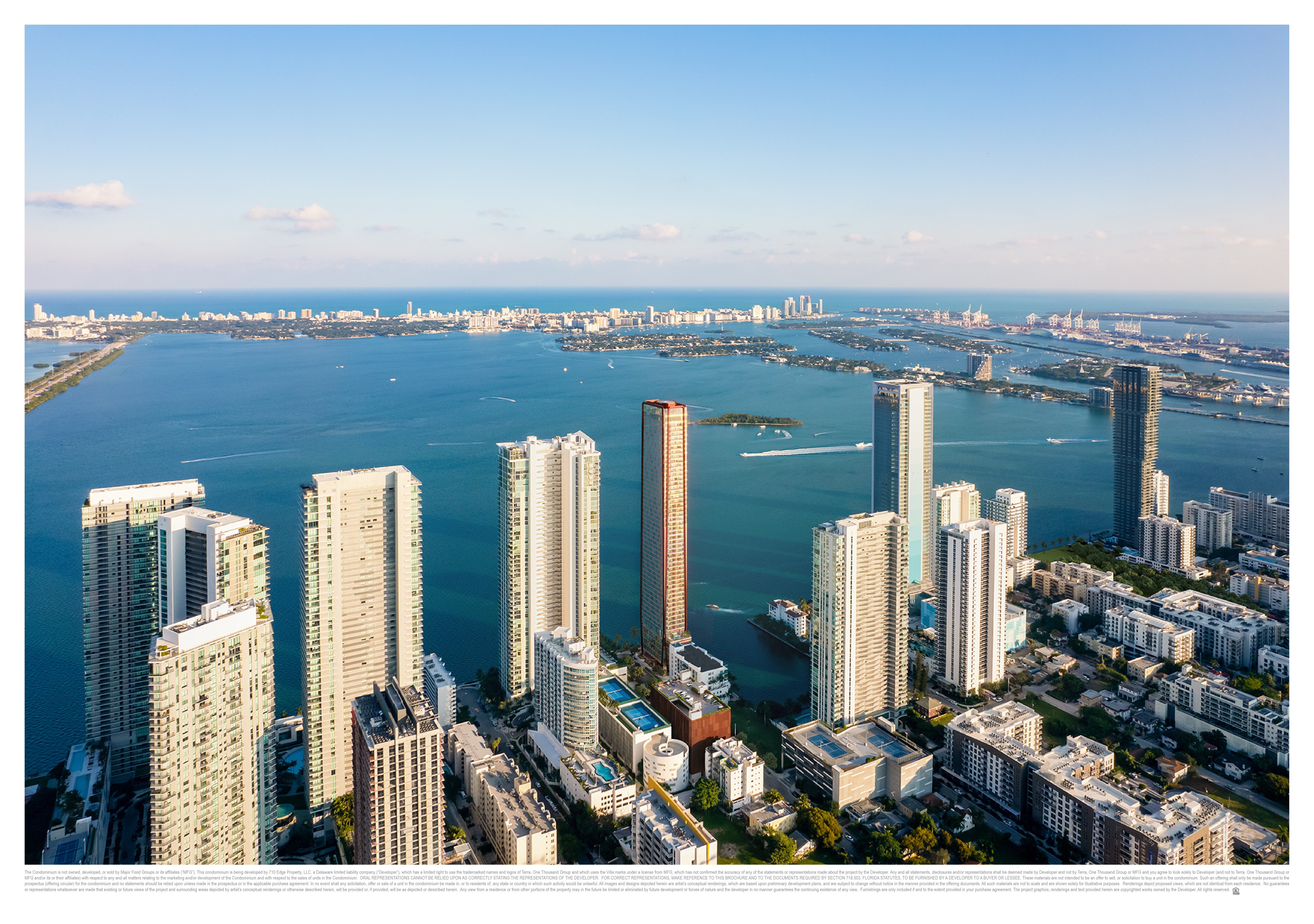 Aerial view of Edgewater high-rises along Biscayne Bay, with Villa Miami's site outlined