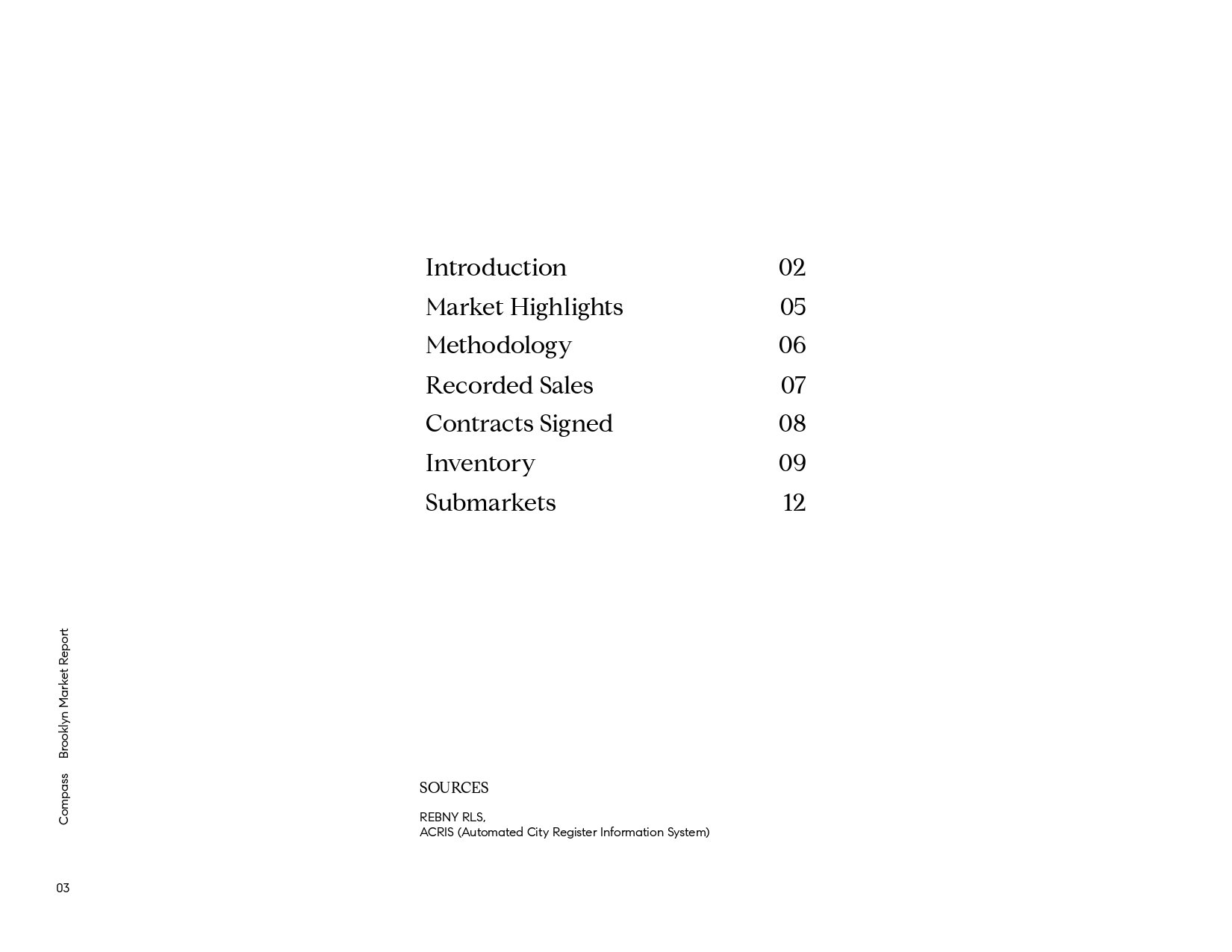 Contents and sources page listing sections of the Brooklyn market report.