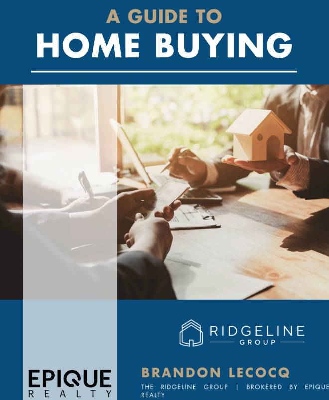 Home Buying guide from The Ridgeline Group, featuring a model house and people reviewing paperwork.