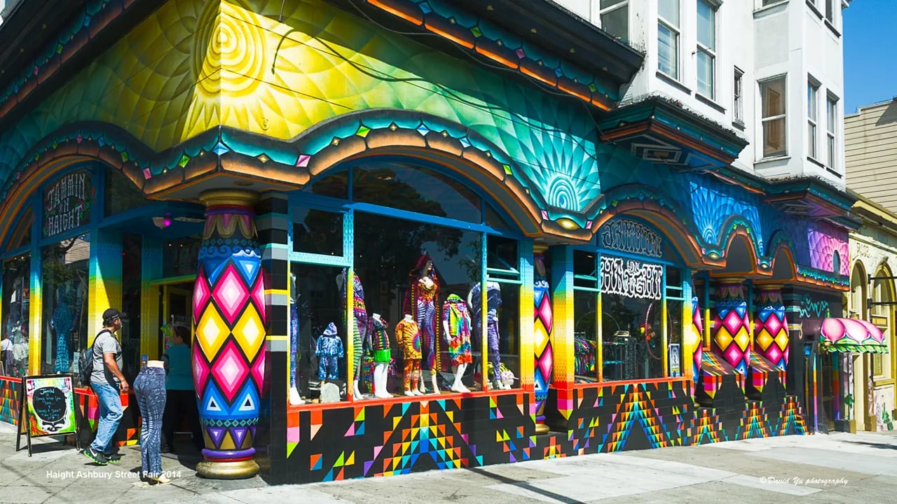 Colorful mural on a building during the Haight-Ashbury Street Fair in San Francisco.