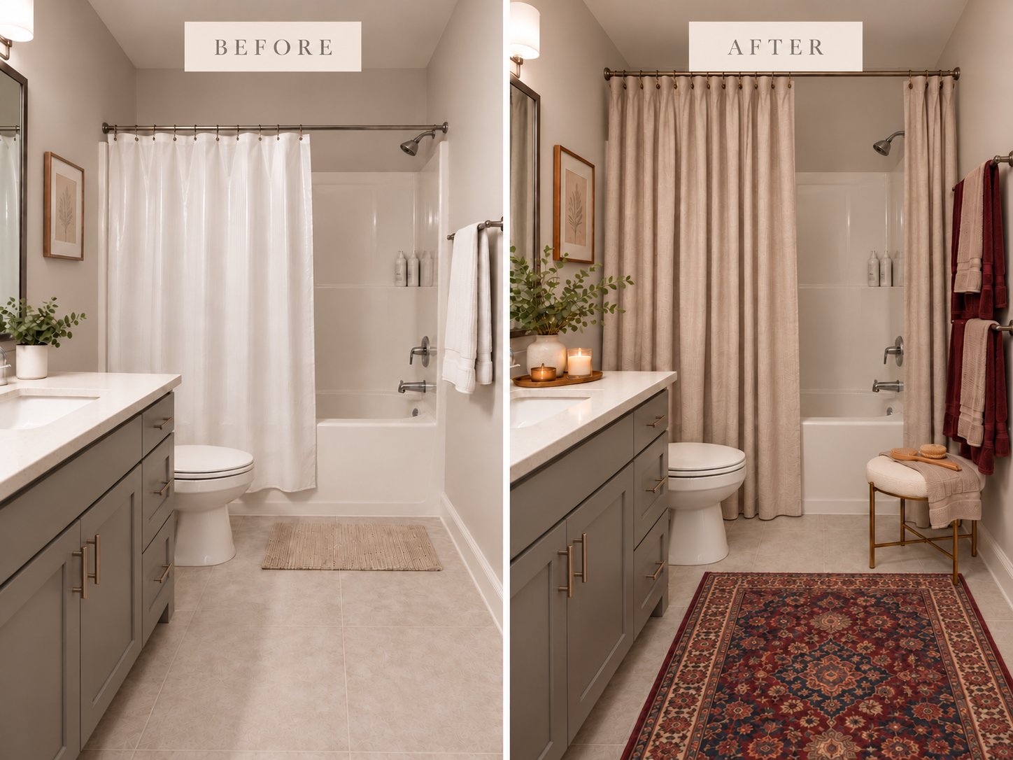 Bathroom before and after styling, with beige curtains, burgundy towels, a stool, and a patterned rug.