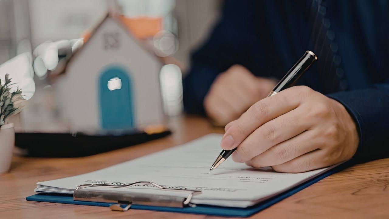 A person signs a document on a clipboard, with a miniature house model nearby.
