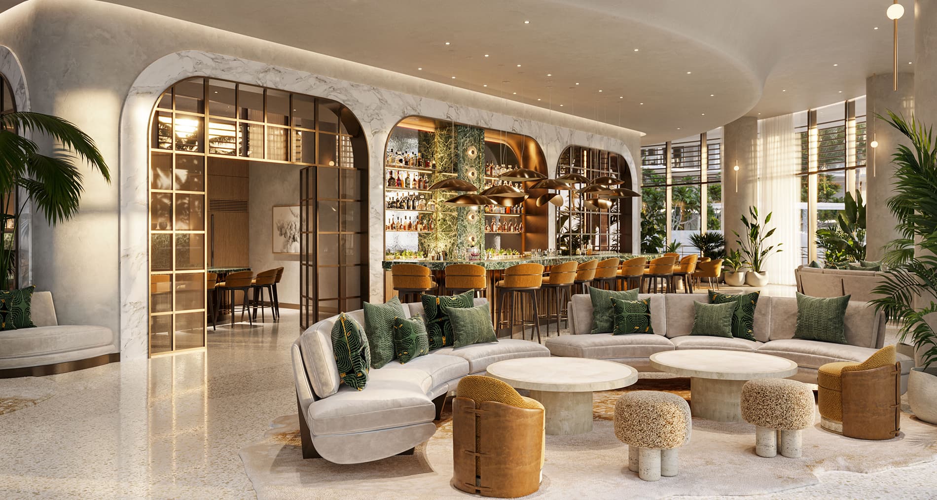 Rendering of a resident lounge with arched doorways and a bar at The Ritz-Carlton Residences, Estero Bay
