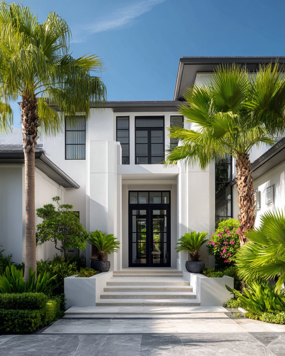 Modern white two-story home framed by palm trees, with a glass entry and broad stone steps.