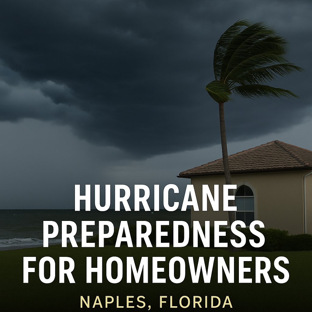 Stormy sky over a coastal Mediterranean-style home in Naples, Florida, with strong winds bending a palm tree; text overlay reads “Hurricane Preparedness for Homeowners – Naples, Florida.”