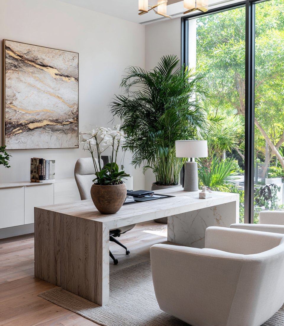 Modern home office with a marble desk and floor-to-ceiling windows overlooking greenery