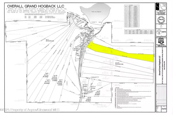 Survey plat map with a long parcel highlighted in yellow.