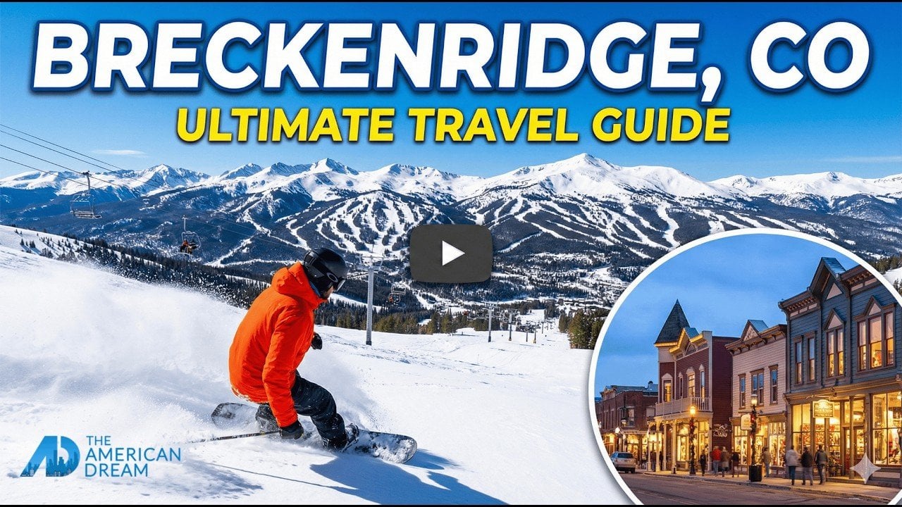 Breckenridge, Colorado travel guide graphic featuring a snowboarder and downtown storefronts.