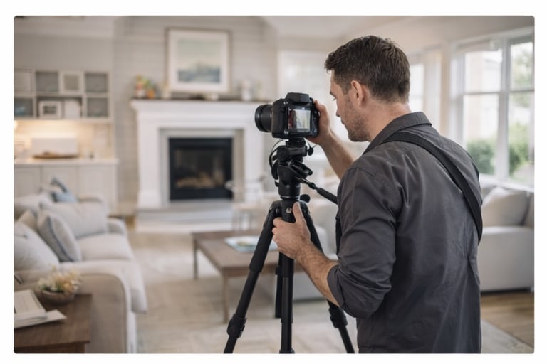 Professional real estate photographer taking interior photos of a living room in a Connecticut home