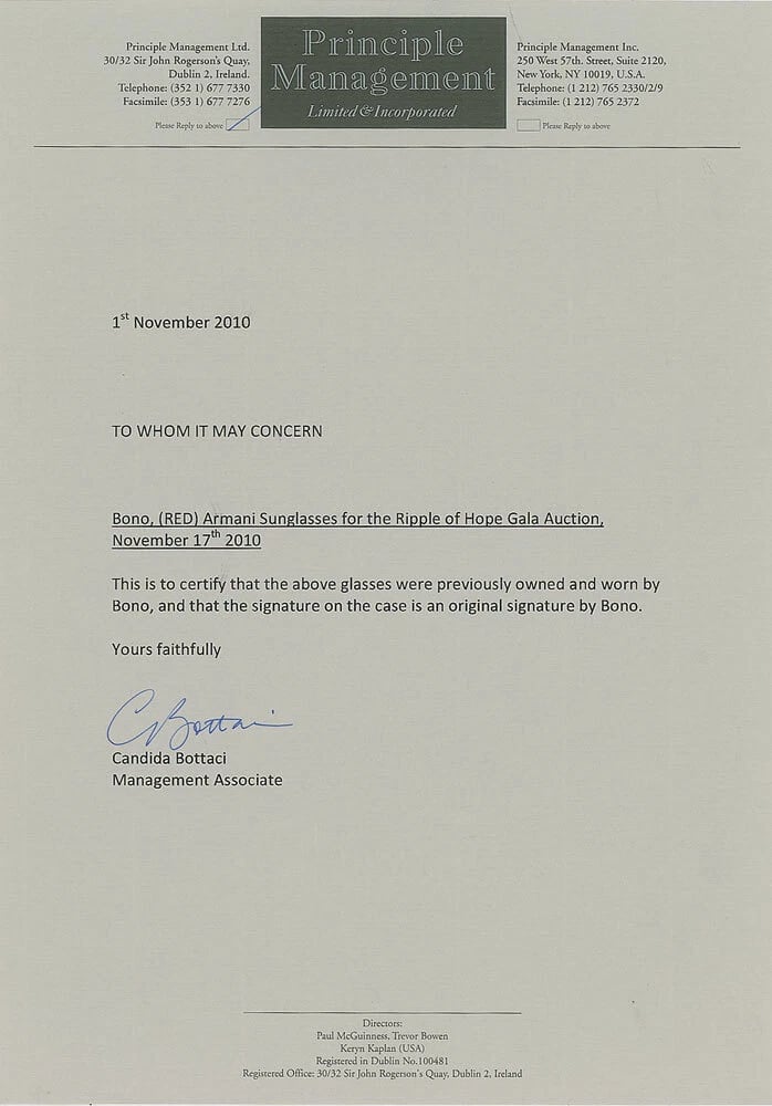 Collectors Corner - U2 BONO'S PERSONAL EMPORIO ARMANI SUNGLASSES — OWNED, WORN & SIGNED | ONE OF THE MOST ICONIC PIECES OF ROCK MEMORABILIA  - Wyatt Poindexter - The Agency Oklahoma