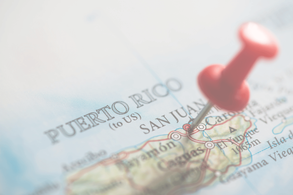 Red pushpin marks San Juan Puerto Rico map with nearby locations.