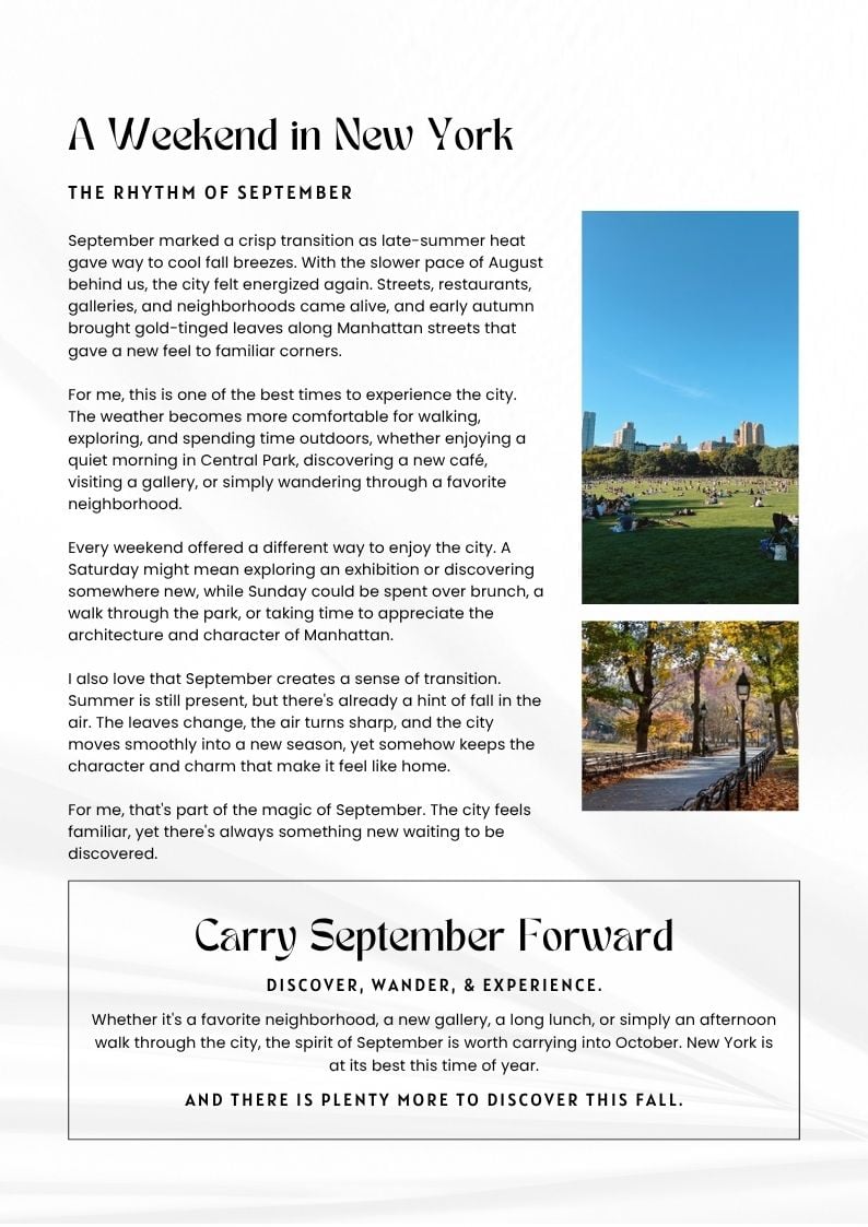 A Weekend in New York editorial graphic about September, with photos of a Central Park lawn and autumn path.