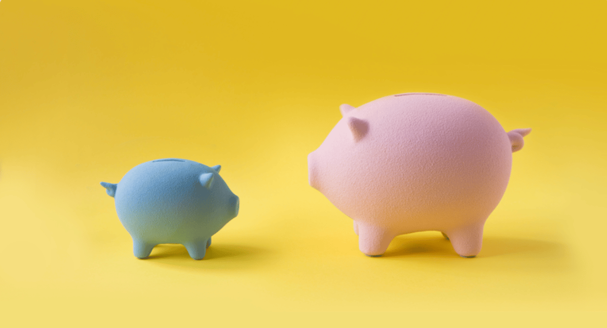 A small blue piggy bank beside a much larger pink piggy bank on yellow.