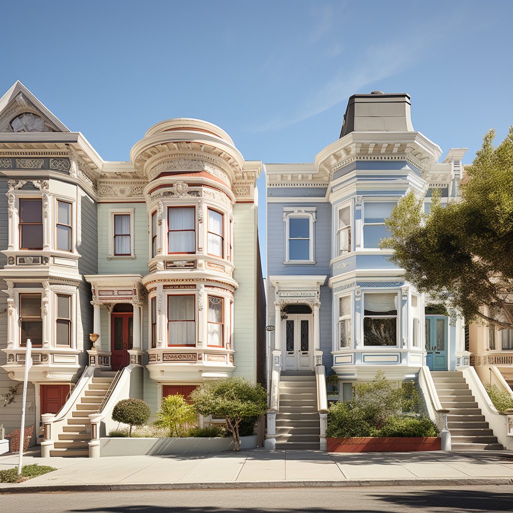 Three San Francisco homes with ornate facades, bay windows, and landscaped front steps.