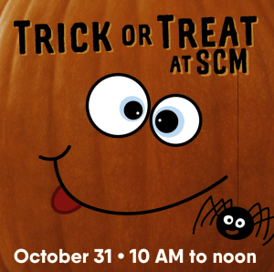 Halloween trick-or-treat flyer for SCM on October 31, with a smiling pumpkin and spider.